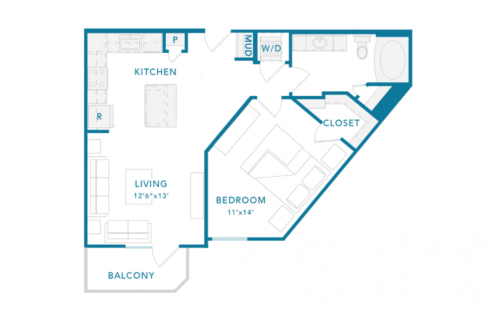 A3A - 1 bedroom floorplan layout with 1 bath and 747 square feet.